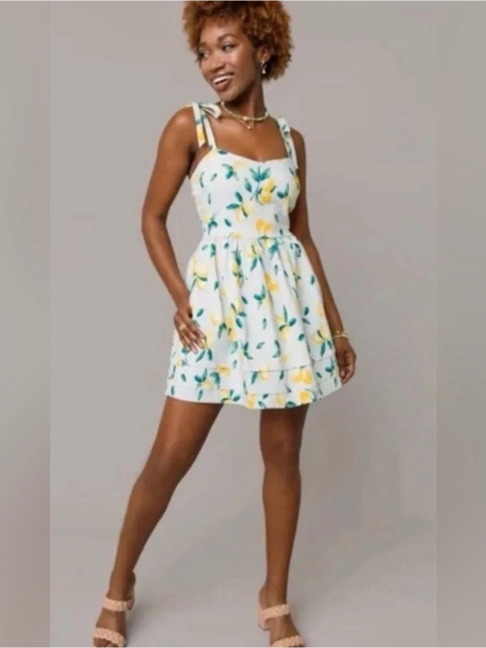 Blue Rain Lemon Print Mini Dress M Tie Strap Cottagecore
